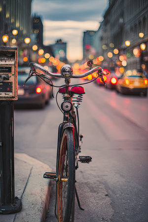 An antique bicycle, featuring a retro design, is positioned on the edge of a city street. The composition highlights the bike against a blurred background of city lights and traffic. The image employs shallow depth of field, with soft lighting and warm tones, evoking a sense of nostalgia. It is suitable for commercial and editorial uses.の素材
