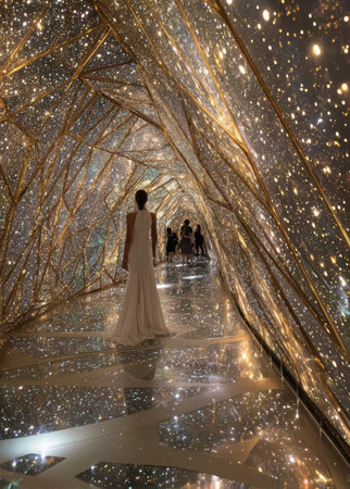 A woman wearing a white gown walks through an elaborately designed corridor. The composition highlights a reflective floor and walls adorned with numerous lights. The image conveys a sense of grandeur and sophistication, suitable for fashion or artistic concepts. The scene is illuminated by multiple points of light, creating an otherworldly atmosphere.の素材