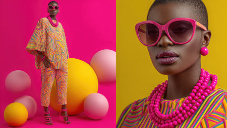 A woman models a striking ensemble, complemented by vibrant pink accessories. The composition showcases a fusion of warm and cool tones, highlighted by geometric spheres. The imagery, with its creative presentation, may be suitable for fashion advertising, editorial content, or design projects. The lighting provides visual interest.の素材