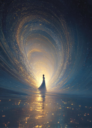 An ethereal illustration depicts a solitary woman silhouetted against a backdrop of swirling golden light. The artwork showcases soft, blended textures and a cool color palette with prominent blues and golds. The composition suggests a dreamlike environment, suitable for symbolic representations and artistic projects, and various commercial applications.の素材
