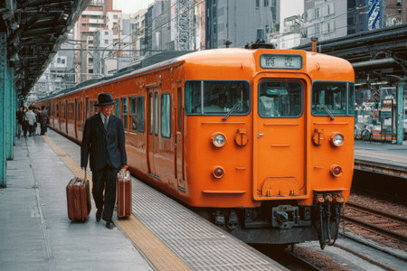 A man in a suit walks alongside an orange train, carrying luggage on a platform. The scene is set during the day with natural lighting, showcasing a vintage style. The composition suggests travel and transportation. This image could be suitable for various commercial or editorial applications related to travel and transit.の素材