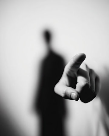 A grayscale image features a hand with an extended index finger pointing forward. The focus is on the hand, while a blurred silhouette of a person stands in the background. The lighting creates contrast and shadows, possibly suitable for editorial or conceptual projects requiring a visual metaphor.の素材
