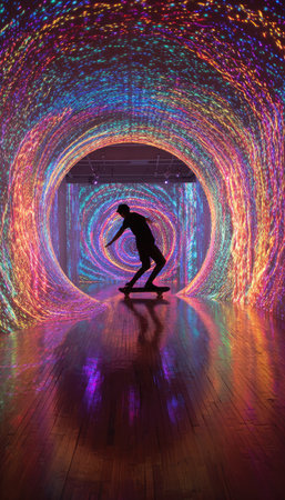 A skateboarder silhouetted against a vibrant, multi-colored light tunnel is the main subject. The image displays a symmetrical composition with reflections on a glossy surface, and a dynamic flow of colors creates a visually engaging environment. Ideal for editorial content and creative projects.の素材