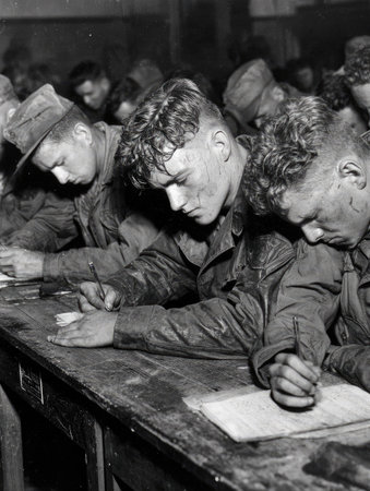 This black and white image showcases several individuals in military attire engrossed in writing. The scene suggests an indoor setting, possibly an educational or training environment. The lighting seems to be natural. It could be used in various commercial or editorial contexts, such as articles about military education.の素材