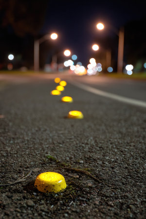 Low-angle view of yellow road markers on asphalt at night. The image shows a dark environment with blurred street lights creating a soft focus in the background. Texture of the road surface and the markers are evident. Suitable for concepts like travel, safety, or night driving, these images can be used editorially.の素材