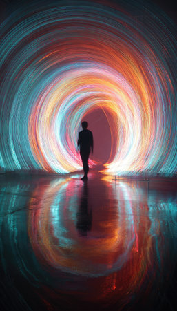 A silhouetted figure stands facing a vibrant tunnel of light, reflecting on a polished surface. The artwork features a dynamic composition of swirling colors with shades of orange, red, and blue. The scene creates a surreal ambiance, suggesting a futuristic or abstract setting, suitable for various creative projects.の素材