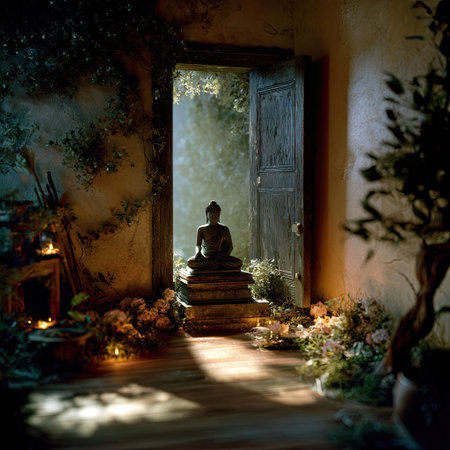 An artistic image presents a seated Buddha statue in a tranquil garden setting. Warm light filters through an open doorway, highlighting the stone figure and surrounding foliage. The composition features a symmetrical arrangement of elements and gentle textures suitable for spiritual or decorative applications.の素材