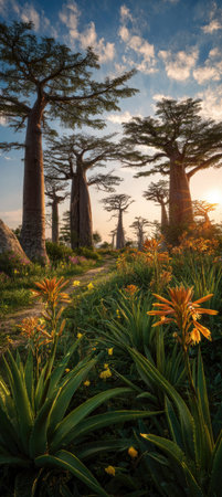 This image showcases a scenic landscape of imposing baobab trees, complemented by verdant vegetation and delicate orange flowers. The composition features a pathway through the landscape, lit by the warm glow of the setting sun. Suitable for diverse applications, including travel brochures and environmental publications.の素材