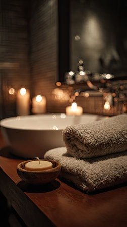 This image showcases a spa-like bathroom interior with soft lighting. The scene features a white sink, neatly folded towels, and several lit candles. The warm tones of the wood and the flickering candlelight create a calm atmosphere suitable for various commercial uses, including wellness and lifestyle content.の素材