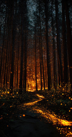 An enchanting night scene in a dense forest. Tall trees form a dark frame around a glowing path.  Orange and yellow light illuminates the ground, suggesting a magical source, possibly fireflies or bioluminescence.  The deep shadows and dark tones create a sense of mystery and wonder.  Suitable for editorial or commercial uses related to nature, fantasy, adventure, or travel.の素材