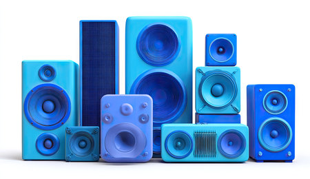 A group of various sized blue speakers are displayed against a plain white background. The speakers have a stylized, 3D appearance and are stacked in varying heights and widths.  The lighting is even and bright, making the color of the speakers stand out.  Suitable for use in commercial and editorial contexts related to audio equipment and technology.の素材