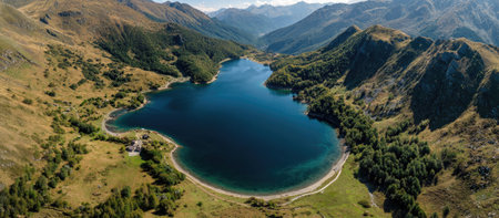 High angle view of a serene lake nestled amidst mountains. The water is a deep blue, contrasting with the light brown hills and greenery surrounding it. The landscape appears tranquil and inviting, shot likely on a bright day, making it suitable for various editorial and commercial purposes.の素材