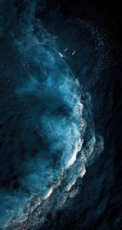 High-angle view of a fishing activity in the ocean, featuring dark blue water, white waves, and a fishing line. The image is taken from a high altitude, showcasing the intricate patterns of the ocean and the fishing activity. The dramatic colors and textures evoke a sense of scale and power of the ocean.の素材