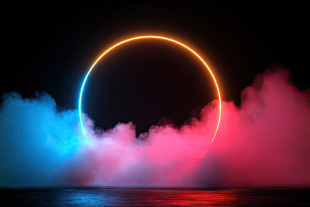 A vibrant abstract scene with a glowing neon circle at the center, set against a backdrop of swirling colorful smoke and a dark water surface. The colors are dynamic and evoke a futuristic atmosphere. The image has a high-quality digital rendering style. It could be used for a wide variety of commercial and editorial projects.の素材