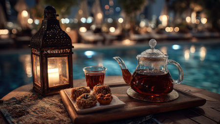 A glass tea pot and cup are placed on a wooden tray with small treats next to a lantern with burning candles, by a swimming pool at night.  The scene is softly lit, showcasing warm tones and ambient light from the pool and surrounding area.  Ideal for commercial or editorial use in promotional material for relaxation or lifestyle themes.の素材