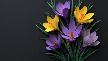 A bouquet of vibrant paper crocus flowers in shades of purple and yellow, arranged on a dark background. The flowers are crafted from paper, exhibiting a delicate, three-dimensional form and detailed textures.  The arrangement features a variety of colors and the arrangement is set on a backdrop of black, ideal for spring or floral themed compositions. The image is suitable for commercial and editorial use in print or digital media.の素材