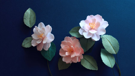 Three delicate paper camellias, in shades of peach and white, are displayed against a deep blue background.  The paper flowers have a soft, almost pastel appearance.  The paper leaves are a muted green.  The image has a flat lay or overhead view, creating a minimalist presentation. The image is suitable for prints, cards, social media posts, or website headers related to paper crafts or floral design.の素材