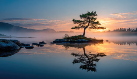 A serene sunrise scene over a calm lake.  The water reflects the vibrant colors of the sky, creating a mirror image of the lone tree on the small island. Soft, warm light bathes the landscape, creating a tranquil atmosphere.  The scene evokes a sense of peace and tranquility, suitable for nature-focused editorial and commercial use. The image is perfect for promotional campaigns related to nature or outdoor adventures.の素材