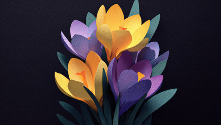 A vibrant arrangement of paper crocus flowers in shades of yellow, purple, and mauve, displayed against a dark background. The flowers are meticulously crafted from paper, showcasing a delicate, 3D effect.  Soft lighting highlights the details of the petals, creating a visually appealing composition. Suitable for use in print and digital media.の素材