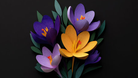 A vibrant paper crocus bouquet, featuring a cluster of flowers in shades of purple, lavender, and yellow. The flowers appear to be made from folded paper, with detailed, layered petals.  Dark green leaves complement the flowers. The image has a simple, clean aesthetic. The arrangement is set against a dark background, creating contrast.の素材