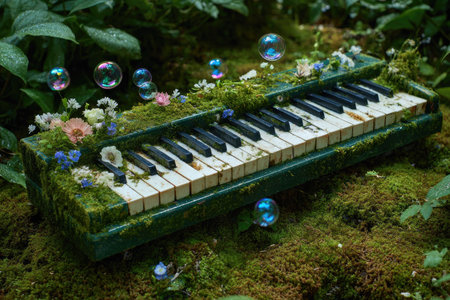 An old piano sits outdoors, surrounded by greenery and moss.  Delicate flowers and colorful bubbles add a touch of whimsy to the scene. The piano's keys are ivory and black, and the body is a deep teal color, partially hidden by the vibrant green moss. The lighting suggests a natural, outdoor setting. Suitable for a wide range of commercial or editorial uses.の素材