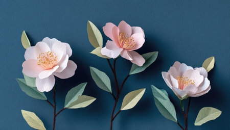 Three delicate, paper flowers arranged on a deep blue background.  The blossoms and leaves are made of folded paper in soft pink and pale green tones.  The light is even and casts no discernible shadows. The image has a flat lay style, suitable for various creative projects. This image is ideally suited for use in advertisements or editorial contexts focused on nature, design, or art.の素材