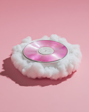 A pink vinyl record rests atop a fluffy white cloud formation on a pale pink surface.  The lighting is studio, casting subtle shadows.  The composition is simple and artistic, with a focus on the interplay of textures and colors.  Suitable for music, design, or lifestyle themed commercial or editorial use.の素材