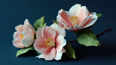 Three delicate, paper flowers in shades of pink and white are arranged on a dark blue background. The flowers have a soft, textured appearance, suggestive of a handmade or artisanal creation.  The lighting is gentle and highlights the flowers' intricate details. The still life arrangement gives an impression of elegance and artistry.の素材