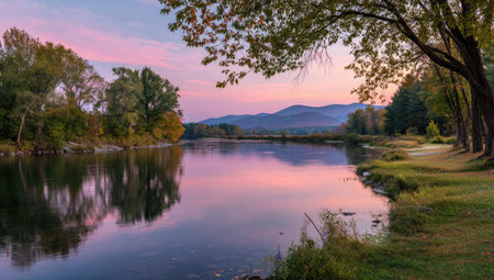 A serene riverside scene at dawn, featuring a calm river reflecting the vibrant colors of a sunrise sky.  The colors are soft and pastel, with shades of pink, purple, and orange.  The composition is symmetrical, showcasing the tranquil water and lush foliage surrounding the river.  Ideal for nature, serenity, or travel-related imagery.の素材