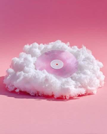 A pink vinyl record rests on a pile of white fluffy clouds against a solid pink background. The lighting is soft and diffused, suggesting an indoor setting.  The image has a playful, artistic style.  Suitable for commercial use in advertising, or editorial use in magazines or websites focused on art, music, design, or entertainment.の素材