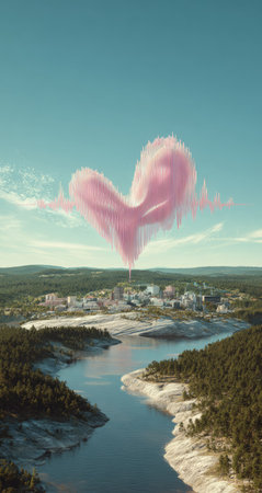 A heart-shaped cloud, light pink, floats above a landscape with a river and distant town. The colors are soft and pastel, suggesting a serene, peaceful scene. The image has a stylized look, likely digitally created.  Suitable for editorial or commercial use in projects focusing on nature, peace, creativity, or whimsical designs.の素材