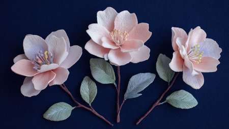 Three delicate, pastel pink magnolia blossoms are artfully arranged on a deep navy blue background. The flowers appear crafted with a soft, textured style, evoking a sense of artistry.  Light and shadow subtly highlight the petals. The image is perfect for invitations, cards, or other design projects. Suitable for commercial or editorial purposes.の素材