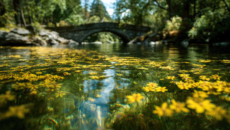 Clear shallow river with a stone bridge and many yellow flowers visible underwater.  The water is crystal clear, allowing a view of the bottom. The lighting is natural sunlight, creating a bright and serene image.  This image offers versatility for a variety of commercial or editorial uses.の素材