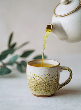 Close up view of tea being poured from a white teapot into a light beige mug with speckled texture.  Soft lighting and light beige background suggest a peaceful indoor setting.  Image is suitable for use in brochures, magazines, and websites for products related to tea or tableware. The focus on simple details creates a calming aesthetic.の素材