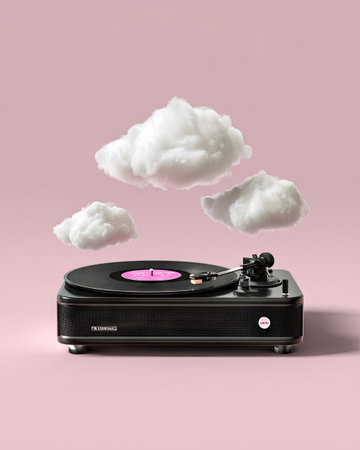A black record player with a pink record is centrally placed against a soft pink background.  Fluffy white clouds float above the player. The image has a minimalist style with muted pastel tones and a simple, clean composition.  The scene appears to be studio shot, indoors, during the day.  Suitable for use in design, music or technology-related editorial or commercial projects.の素材