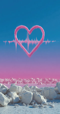 A stylized graphic of a pink heart shape, outlined with a sound wave graphic, positioned against a vibrant blue and pink gradient sky. The heart is set above a landscape of white rocks, suggesting a desert-like environment. The colors and style suggest a digital art or graphic design illustration suitable for use in various commercial contexts.の素材