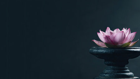 A single pink lotus flower rests atop a dark, ornate pedestal against a dark background.  The image features soft, diffused lighting that highlights the petals and subtle texture of the flower.  The composition is minimalist and elegant, suggesting a tranquil indoor setting.  Suitable for use in commercial or editorial contexts for floral design, nature photography or spiritual themes.の素材
