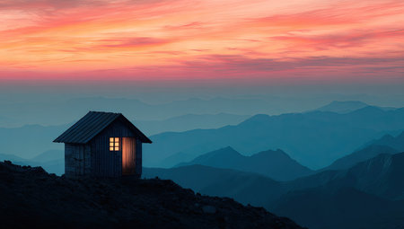 A small, wooden house sits atop a mountain, bathed in the warm colors of a sunset.  The house silhouette is dark against the vibrant sky. The mountains in the background are a deep blue-gray, creating a dramatic landscape. The image has a serene and peaceful atmosphere. Suitable for editorial or commercial use in advertisements for real estate, nature, travel, or inspirational themes.の素材