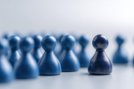 A single dark blue figurine stands out amongst a crowd of identical light blue figurines. The scene is well-lit, suggesting an indoor setting.  The figurines have a smooth, glossy texture, and the lighting is even. The image is suitable for editorial or commercial use, such as in articles on leadership, diversity, or social dynamics.の素材