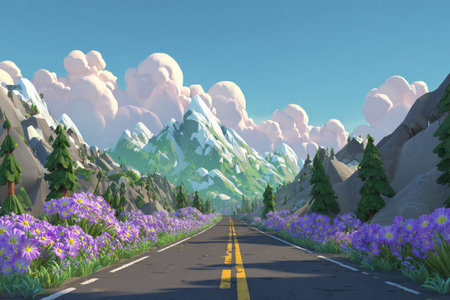 A stylized, colorful image of a mountain road.  Bright, pastel colors and a flat, stylized aesthetic are used throughout the scene.  The road stretches into the distance, lined with lush purple flowers and evergreens.  The mountains are snow-capped, with puffy white clouds overhead.  Ideal for advertising, editorial, or graphic design projects.の素材