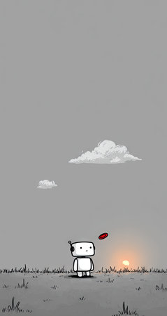 A cartoonish, minimalist robot stands in a field, watching a red disc soar through a light gray sky.  The scene features muted colors and a flat design style, suggesting a simple, whimsical, and possibly retro aesthetic. The setting is outdoors in a grassland area at sunrise or sunset, with a soft, muted light.  The image can be used for website banners, children's books, or educational illustrations.の素材