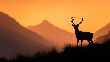 Silhouette of a deer standing atop a hill, against a backdrop of mountains bathed in warm, golden sunset light.  The image features a soft color palette of oranges and golds, with deep shadows creating a dramatic contrast.  Outdoor, daytime scene, potentially suitable for nature, wildlife, or travel editorial, or commercial use.  Perfect for brochures or environmental displays.の素材