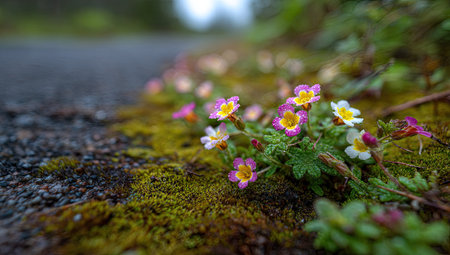Close-up view of small, colorful flowers growing along a roadside.  The flowers exhibit shades of pink, white, and yellow.  They are set against a backdrop of dark gray asphalt and vibrant green moss. The image has a soft, natural light and is taken at ground level.の素材