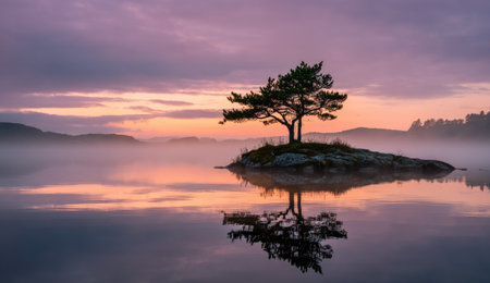 A solitary tree stands on a small island in a calm lake at sunrise.  Soft, muted colors, including pinks, purples, and oranges, fill the sky and water.  The water reflects the colors beautifully, creating a peaceful and serene atmosphere.  The image is suitable for commercial and editorial use in advertising, social media, or publications focused on nature, serenity, and tranquility.の素材
