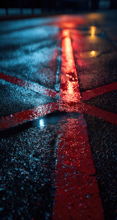 Close-up view of a wet urban road at night.  Colorful reflections of streetlights and wet asphalt. The image showcases vibrant red and blue hues reflected in puddles, along with a dark pavement texture. The scene is suggestive of a night outdoors.の素材