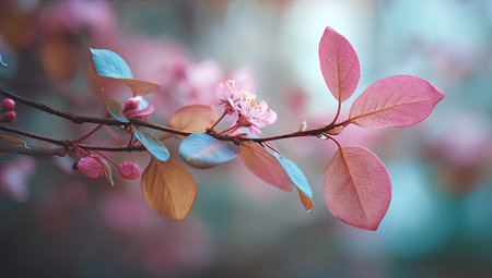 Close up view of delicate pink blossoms and leaves on a branch. The colors are soft pastels, including pink, teal, and light orange. The image has a shallow depth of field, focusing on the branch while the background blurs gently.  The setting appears to be outdoors on a spring day.  Suitable for use in nature, spring, floral, or botanical design projects, as well as editorial or commercial use in print or digital publications.の素材