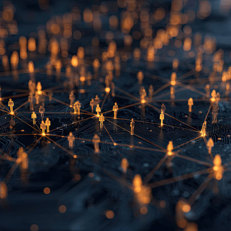 A graphic design depicting a network of interconnected people, suggesting communication and collaboration.  Silhouettes of people are connected by glowing lines against a dark background with a complex pattern of lines. The image uses a dark color palette with warm orange highlights, creating a sense of connection and technology.  The image is suitable for use in various media, such as social media posts, website banners, or presentations related to networking, communication, or technology.の素材