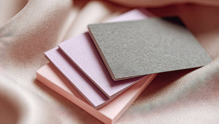 Stacked, pastel-colored notepads and cards on a blush-pink fabric background.  The notepads and cards feature a soft, muted color palette of pinks and grays.  The lighting is soft and diffused. The image has a smooth, muted aesthetic. Suitable for stationery, branding, or design projects.の素材