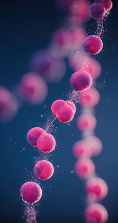A close-up view of a chain of pink spheres.  The spheres are in motion and are connected by thin strands against a deep blue background.  The image features a vibrant pink color and a sense of movement. This microscopic illustration is ideal for scientific or educational projects, or for general use in abstract art or design projects.の素材