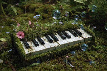 A vintage piano keyboard, overgrown with moss and adorned with small wildflowers, rests on a bed of greenery.  Soft, diffused light bathes the scene, emphasizing the textures and colors. The setting is a natural environment, likely outdoors. This image is perfect for use in advertising campaigns for environmentally friendly products or for editorial articles on nature and creativity.の素材